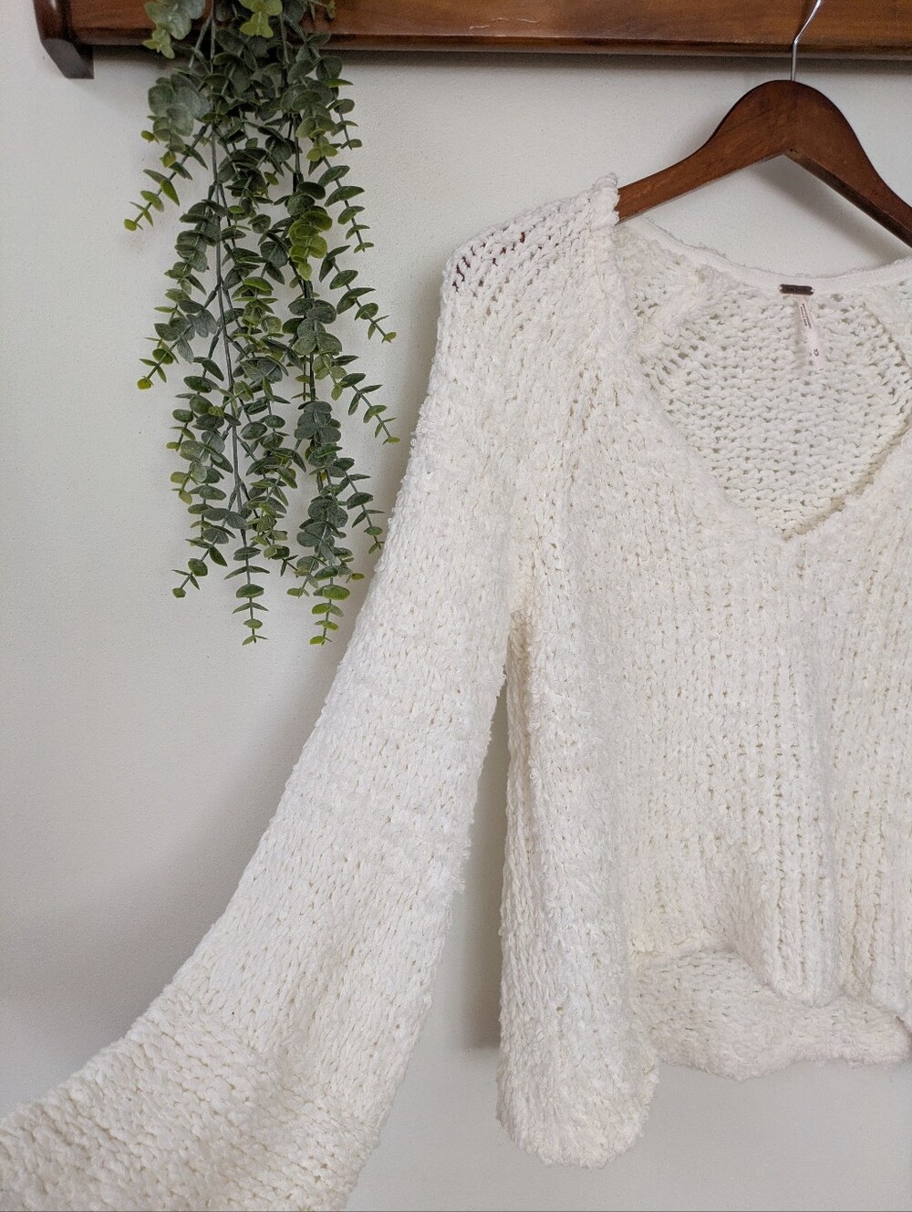 NWT Free People Sand Dune Pullover Sweater Ivory V-Neck Bell Sleeve Boho M